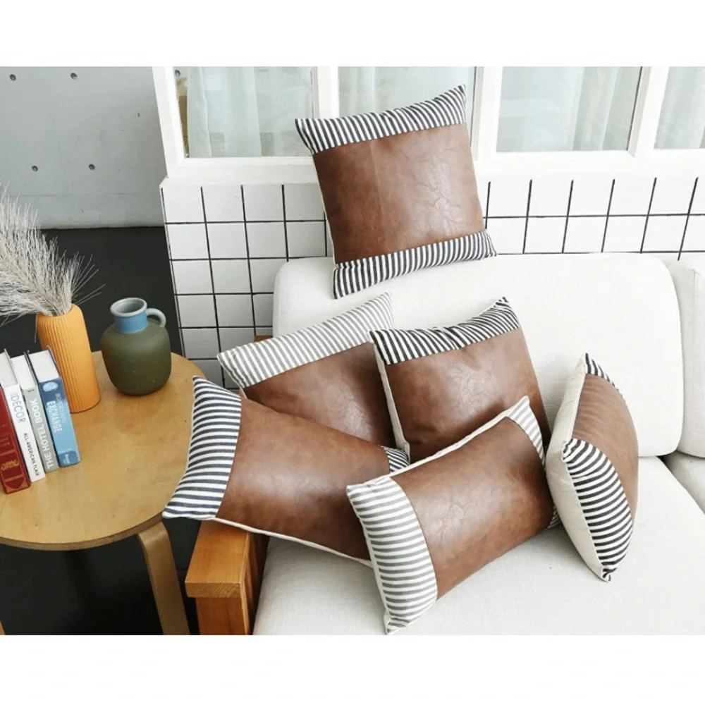 Luxury Home | Rustic Farmhouse Grey Striped Faux Leather Throw Pillow Covers